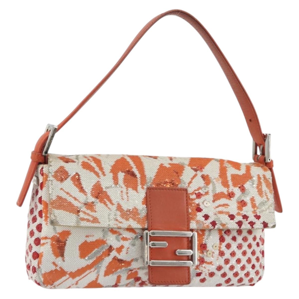 FENDI Mamma Baguette Shoulder Bag Canvas Sequins Orange Silver Auth 187605SM