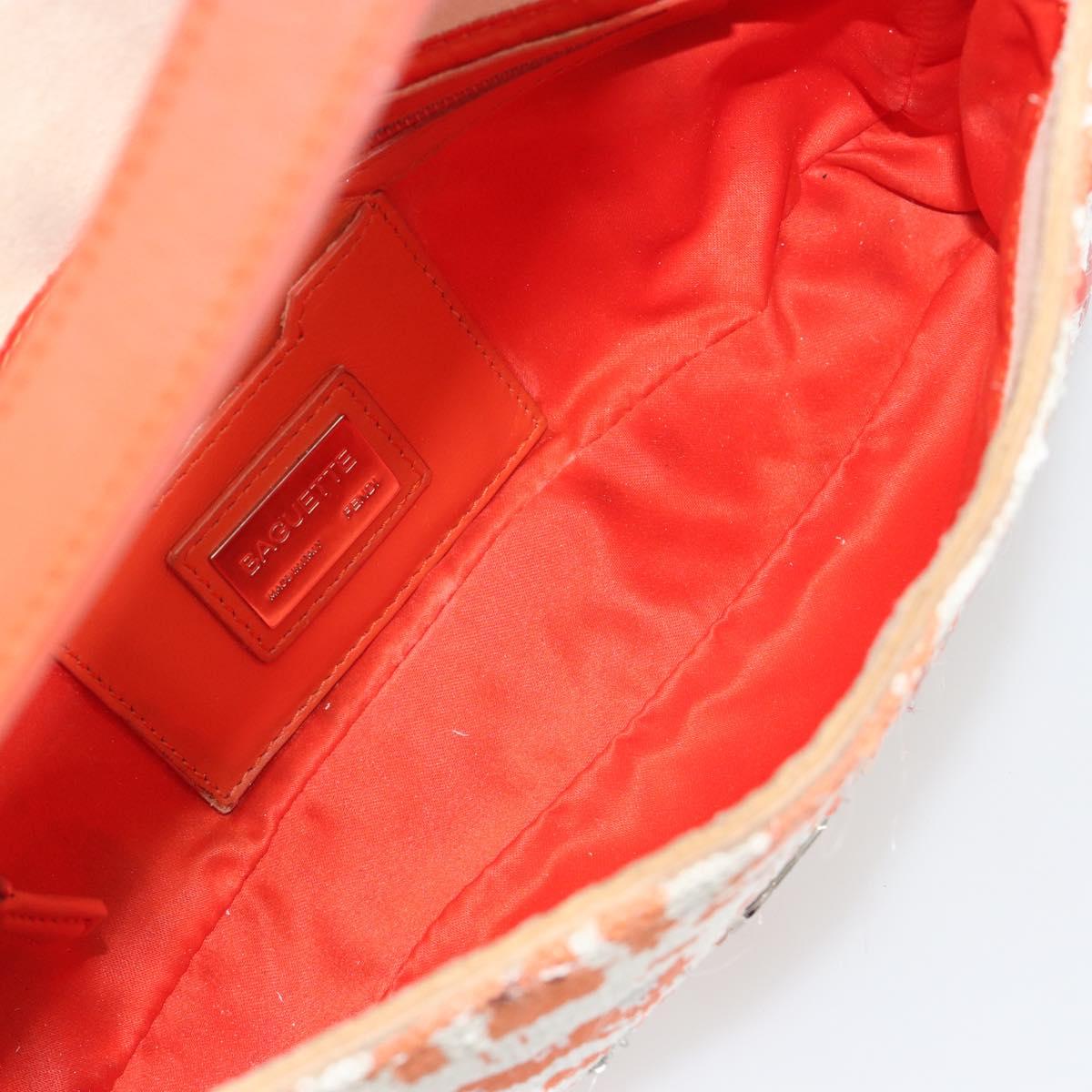 FENDI Mamma Baguette Shoulder Bag Canvas Sequins Orange Silver Auth 187605SM