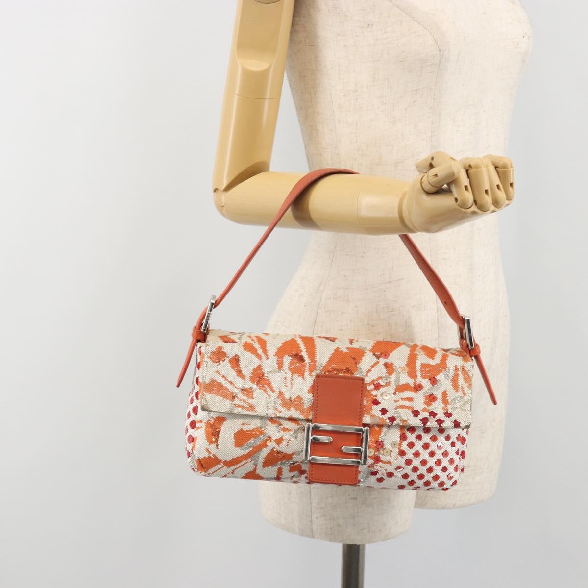 FENDI Mamma Baguette Shoulder Bag Canvas Sequins Orange Silver Auth 187605SM
