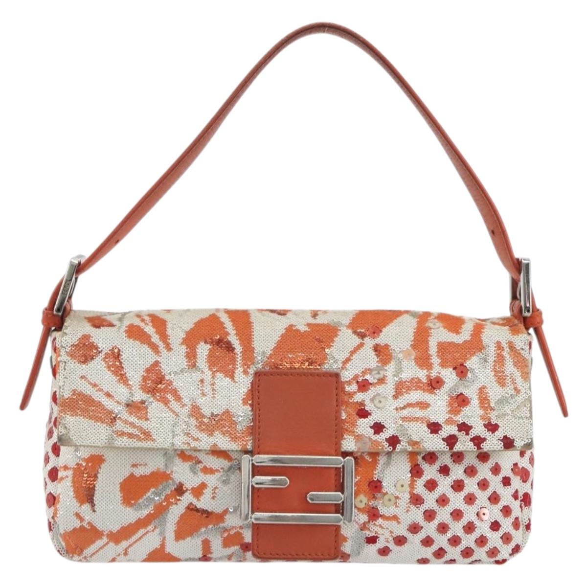 FENDI Mamma Baguette Shoulder Bag Canvas Sequins Orange Silver Auth 187605SM