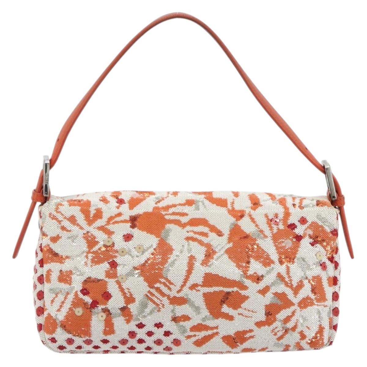 FENDI Mamma Baguette Shoulder Bag Canvas Sequins Orange Silver Auth 187605SM