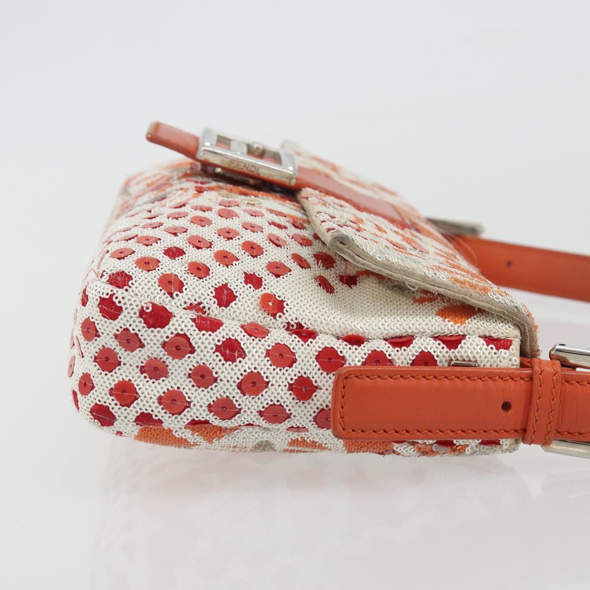 FENDI Mamma Baguette Shoulder Bag Canvas Sequins Orange Silver Auth 187605SM