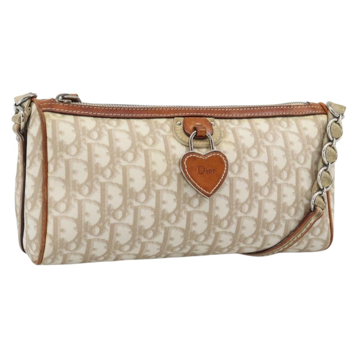 Christian Dior Trotter Canvas Chain Romantic Bag PVC Beige Silver Auth 187607V