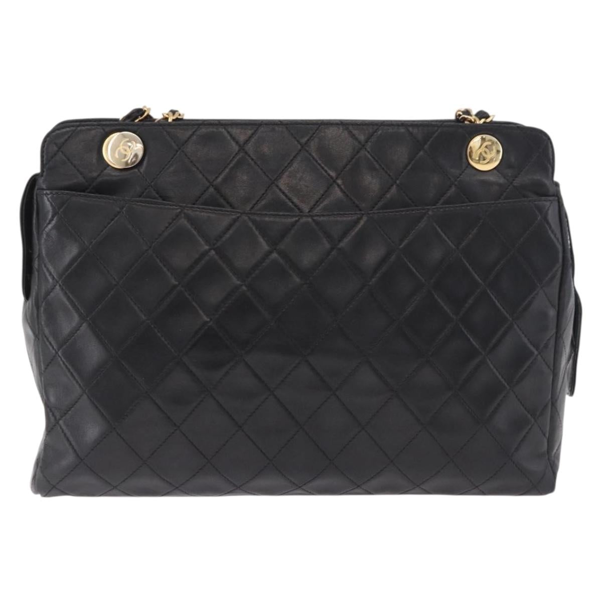CHANEL Matelasse Chain Tote Bag Lamb Skin Black Gold CC Auth 187613