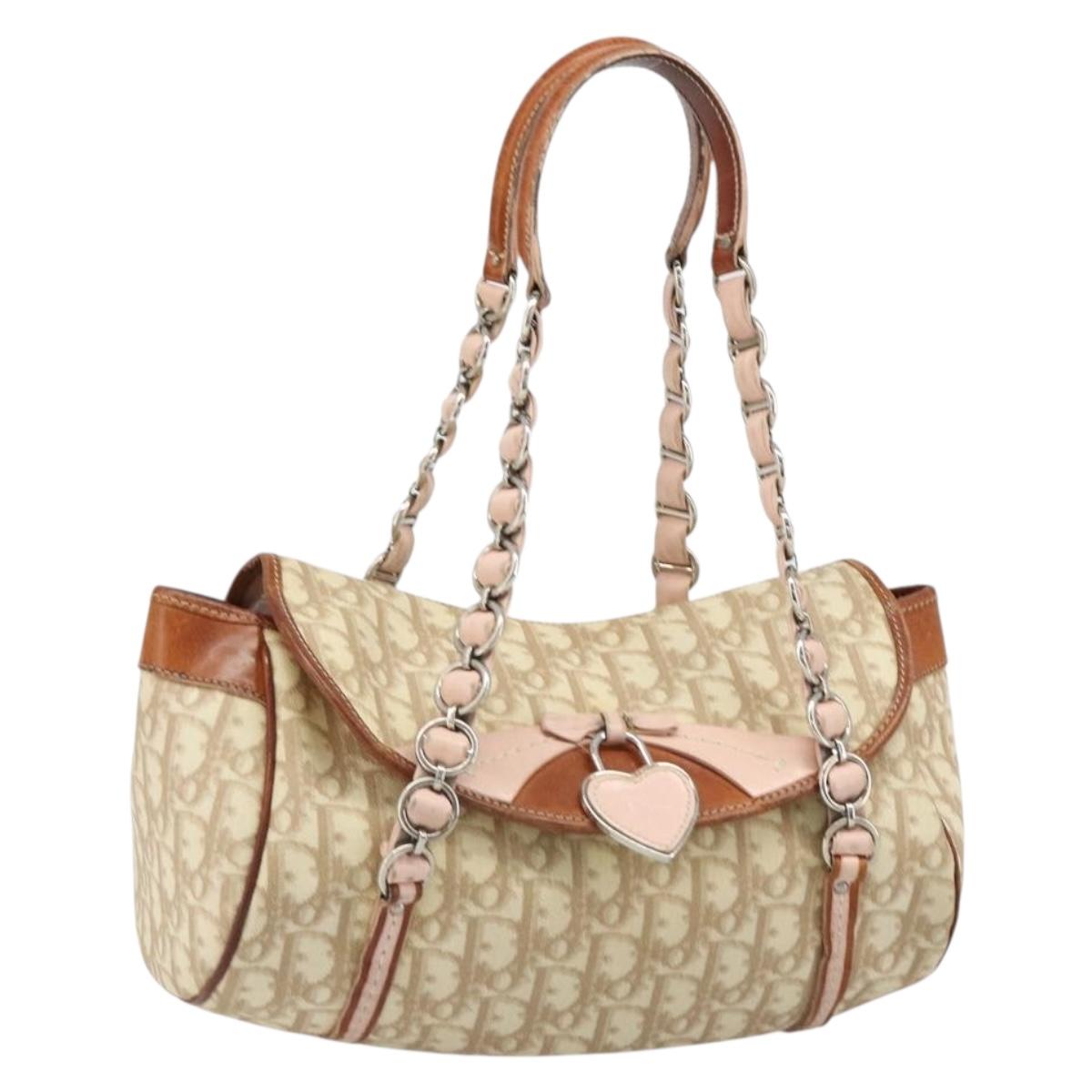 Christian Dior Trotter Canvas Romantic Bag PVC Beige Silver Auth 187615A