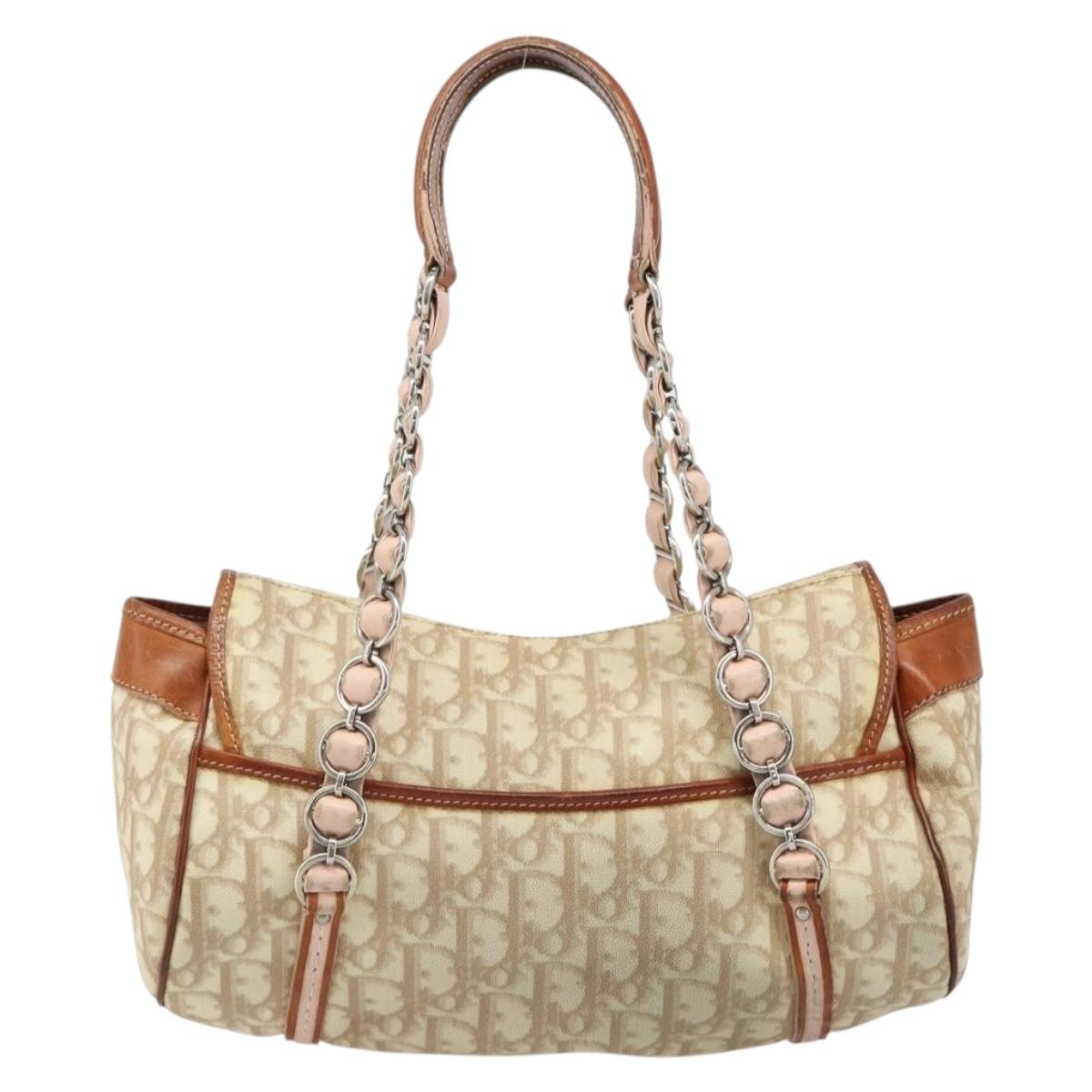 Christian Dior Trotter Canvas Romantic Bag PVC Beige Silver Auth 187615A