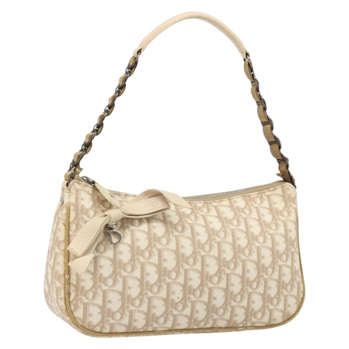 Christian Dior Trotter Canvas Romantic Shoulder Bag PVC Beige Silver Auth 187624