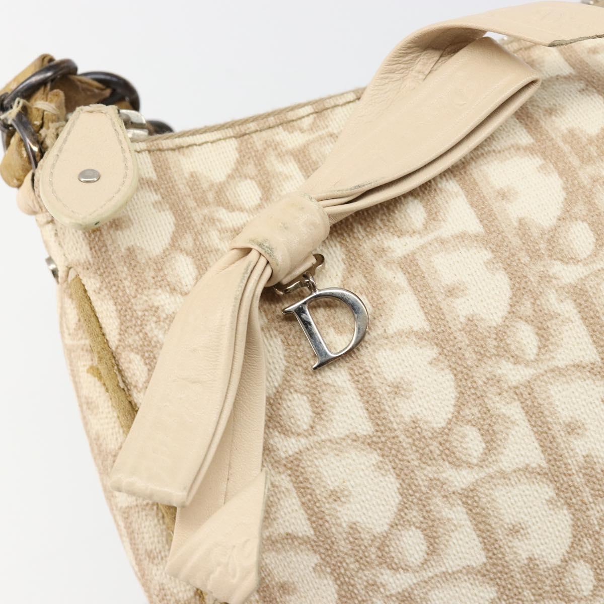 Christian Dior Trotter Canvas Romantic Shoulder Bag PVC Beige Silver Auth 187624