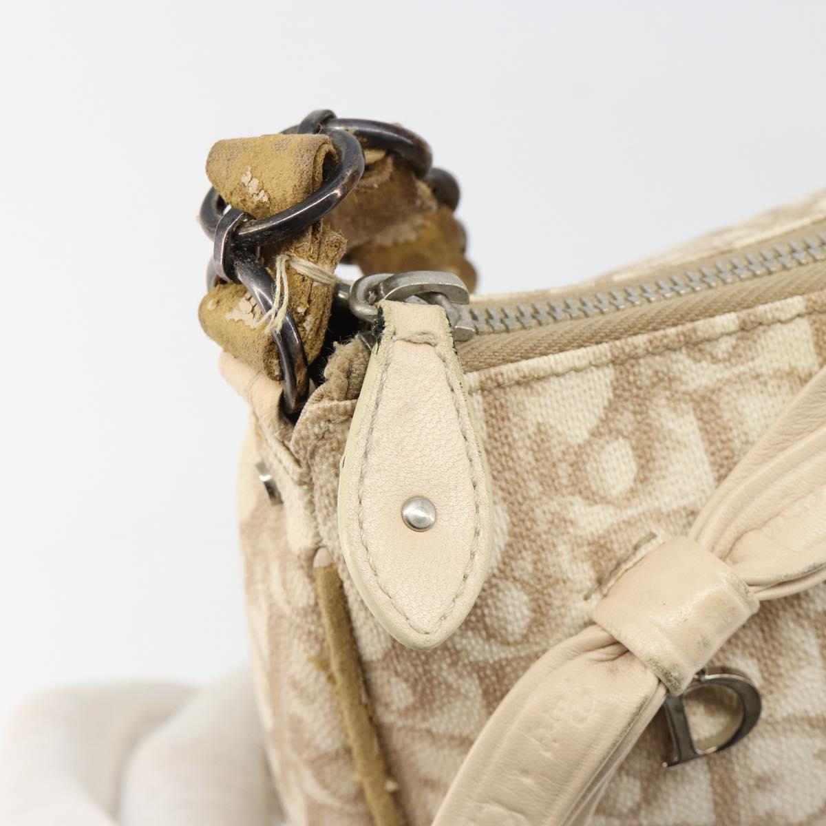 Christian Dior Trotter Canvas Romantic Shoulder Bag PVC Beige Silver Auth 187624