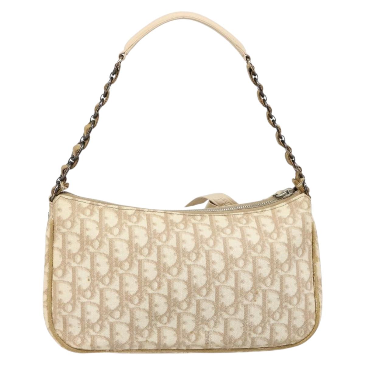 Christian Dior Trotter Canvas Romantic Shoulder Bag PVC Beige Silver Auth 187624