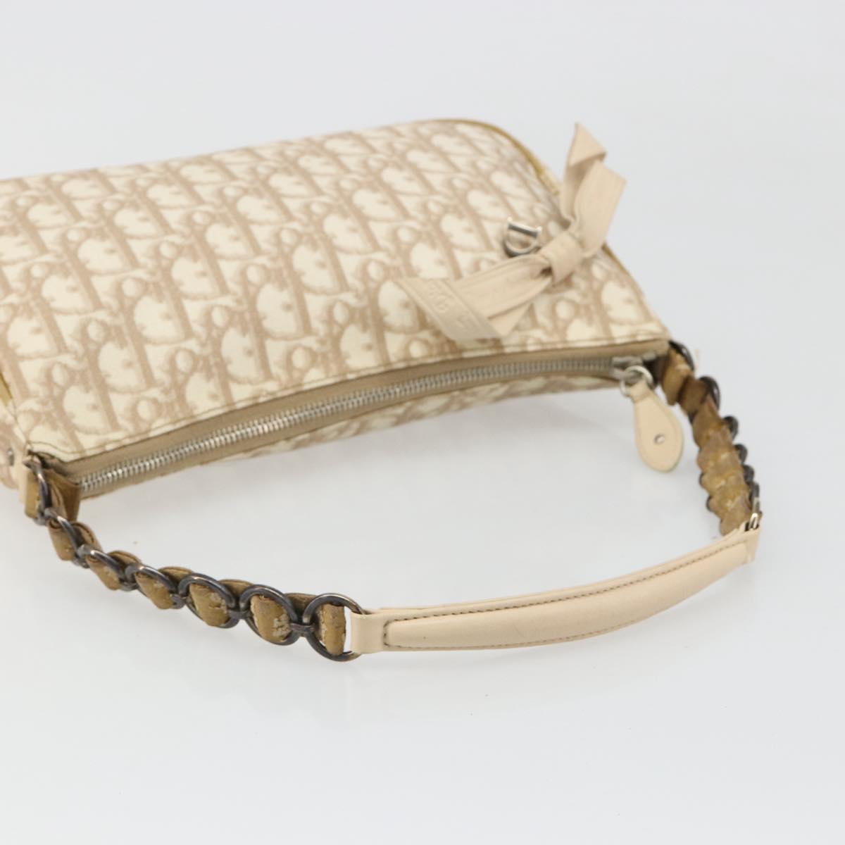 Christian Dior Trotter Canvas Romantic Shoulder Bag PVC Beige Silver Auth 187624