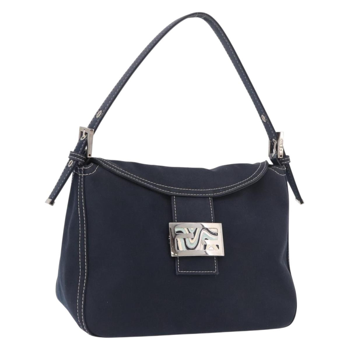 FENDI Mamma Baguette Shoulder Bag Canvas Navy Silver Auth 187625V