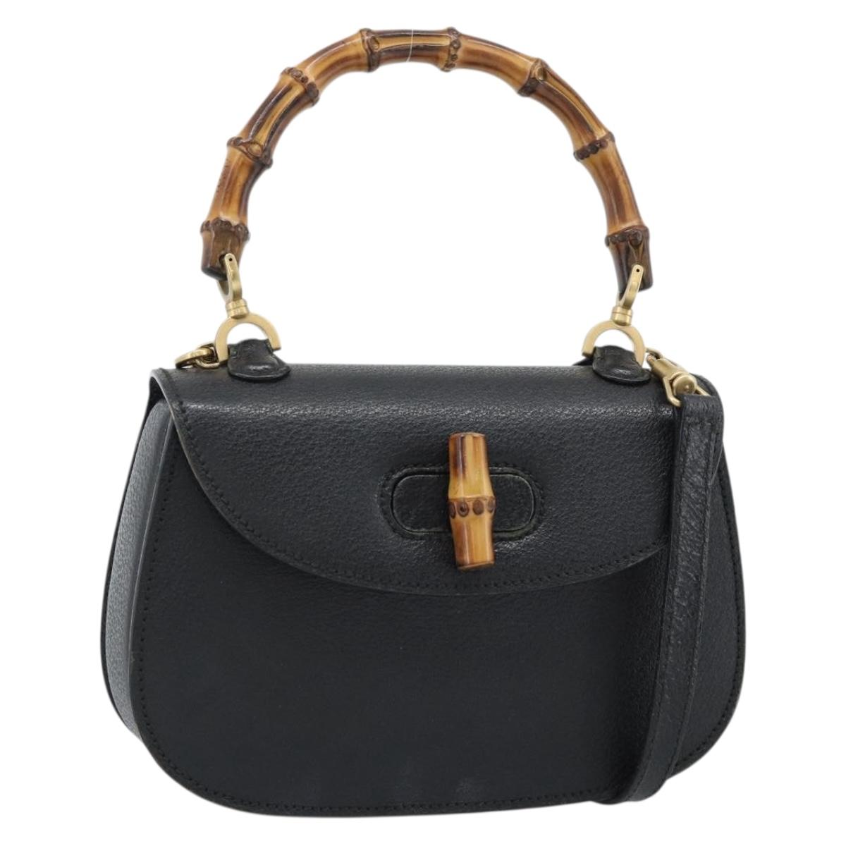 GUCCI Bamboo Shoulder Bag Leather 2way Black Gold 000 1014 0188 Auth 187626SAV