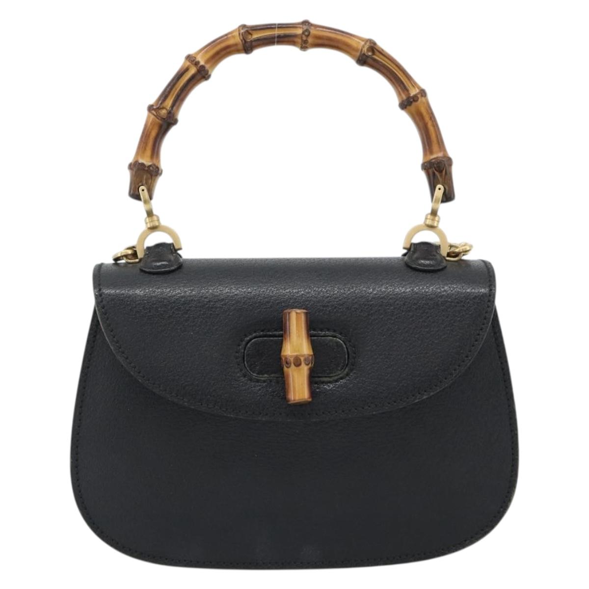 GUCCI Bamboo Shoulder Bag Leather 2way Black Gold 000 1014 0188 Auth 187626SAV