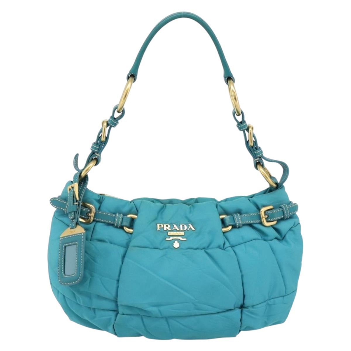 PRADA Shoulder Bag Nylon Blue Gold Auth 187632A