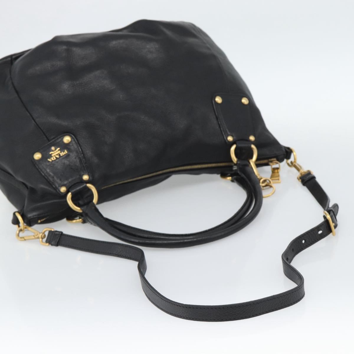 PRADA Tote Bag Leather 2way Black Gold Auth 187654