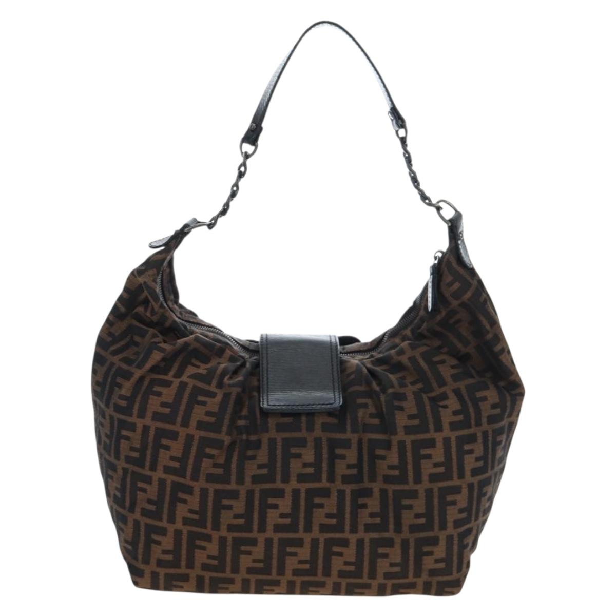FENDI Zucca Canvas Chain Shoulder Bag Black Brown Auth 187655V