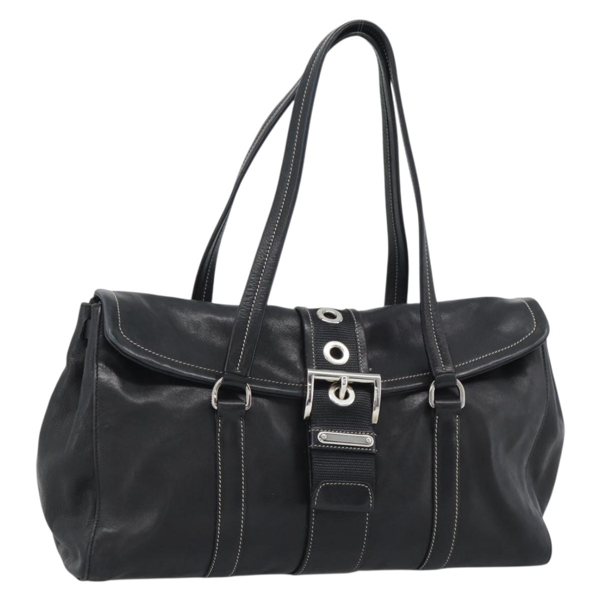 PRADA Tote Bag Leather Black Silver Auth 187659V