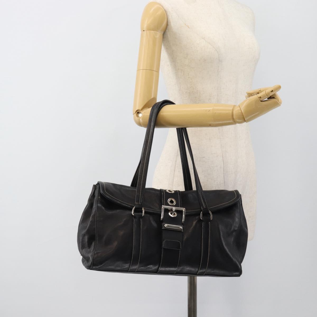 PRADA Tote Bag Leather Black Silver Auth 187659V