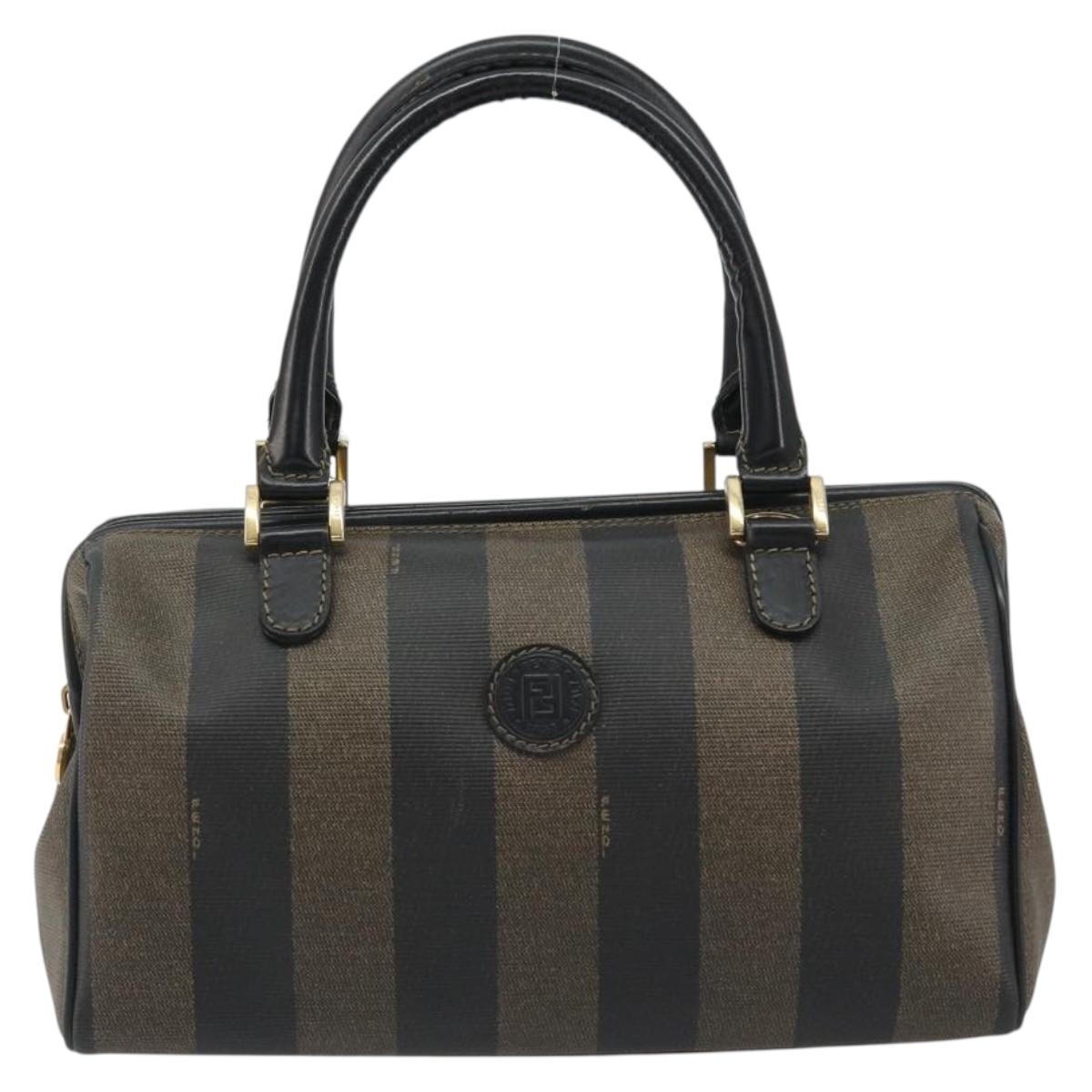 FENDI Pecan Canvas Boston Bag PVC Black Brown gold Auth 187684V