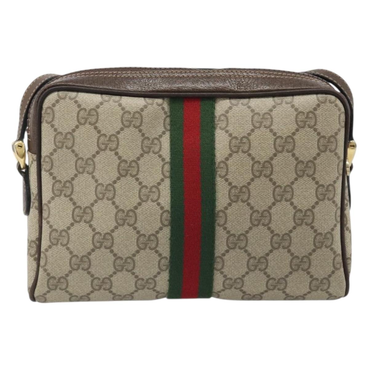 GUCCI GG Supreme Web Sherry Line Shoulder Bag PVC Beige Gold Auth 187688