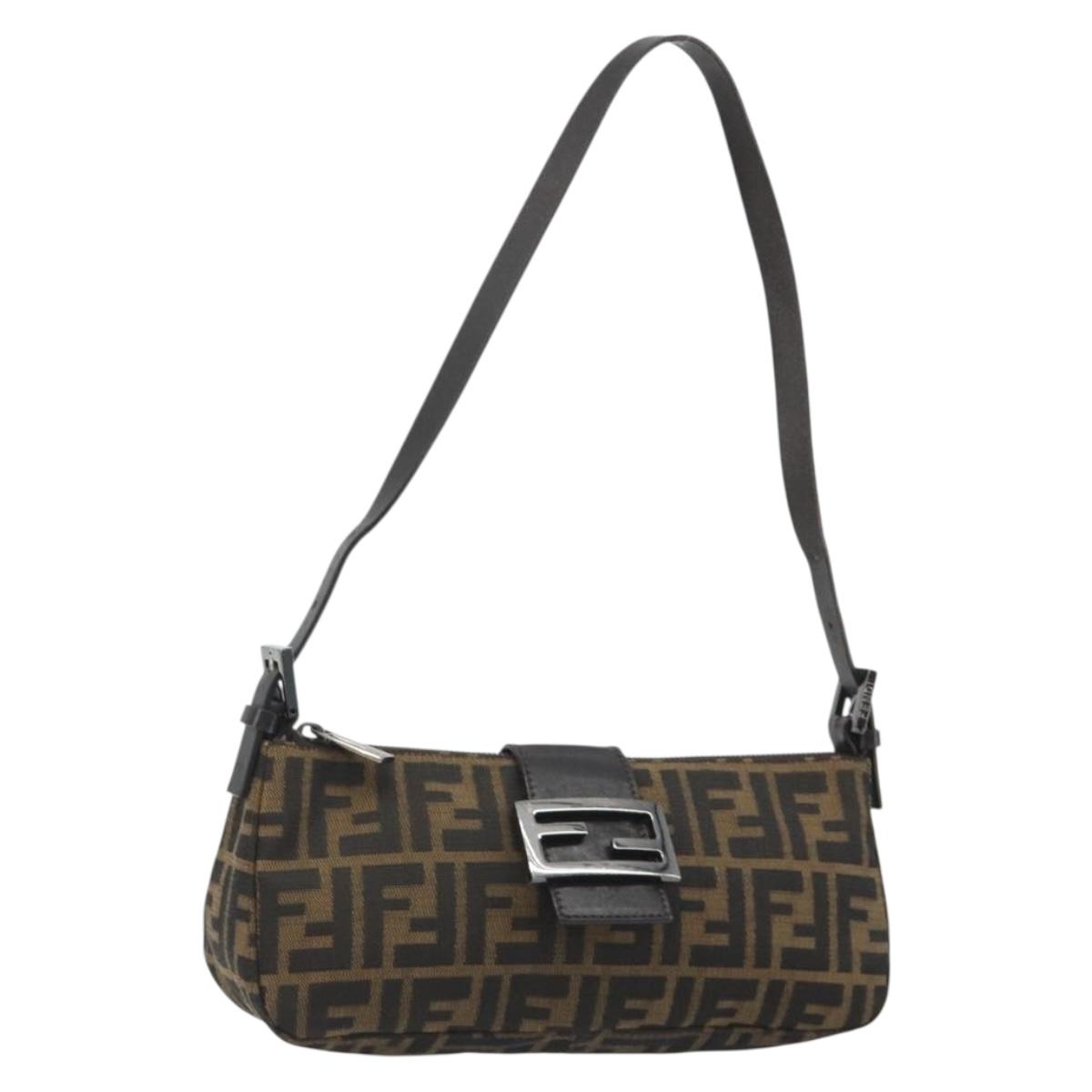 FENDI Zucca Canvas Mamma Baguette Shoulder Bag Black Silver Brown Auth 187689SAM
