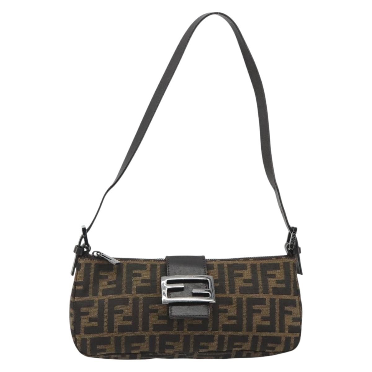 FENDI Zucca Canvas Mamma Baguette Shoulder Bag Black Silver Brown Auth 187689SAM
