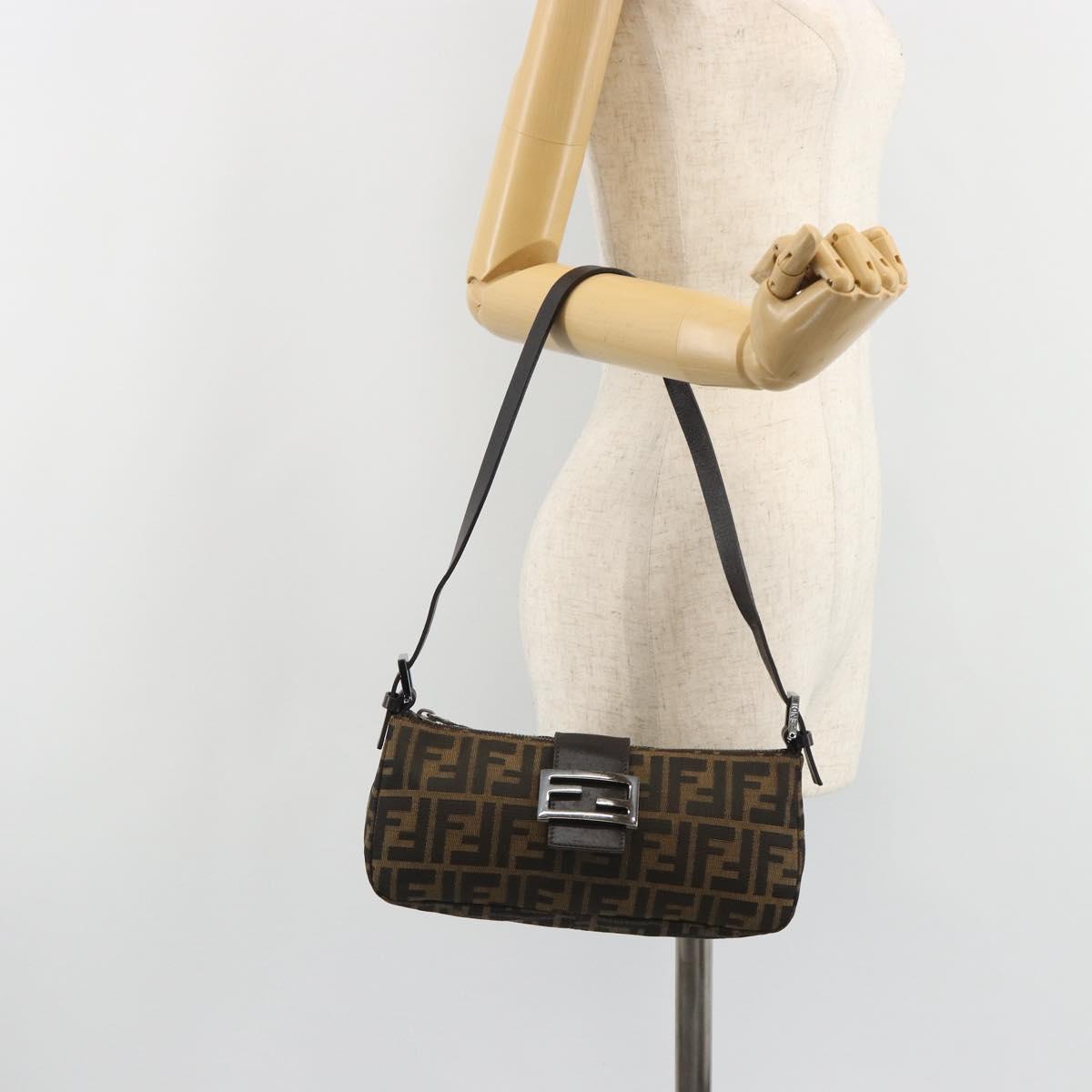 FENDI Zucca Canvas Mamma Baguette Shoulder Bag Black Silver Brown Auth 187689SAM