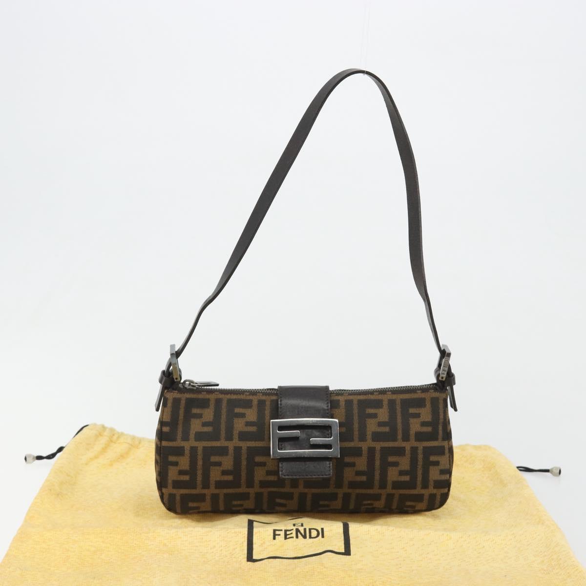 FENDI Zucca Canvas Mamma Baguette Shoulder Bag Black Silver Brown Auth 187689SAM