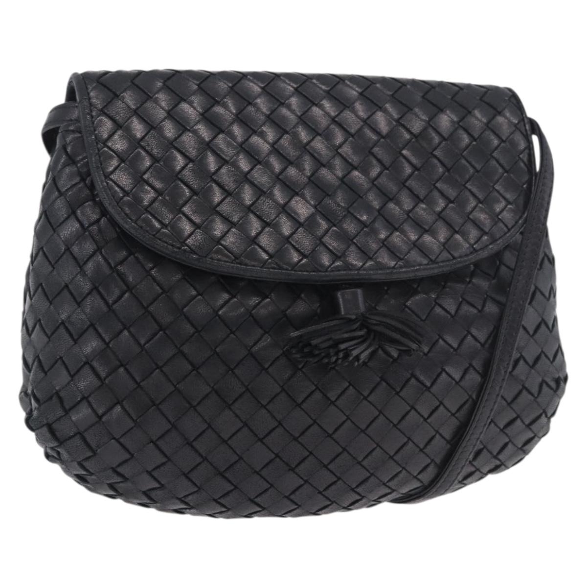 BOTTEGA VENETA INTRECCIATO Shoulder Bag Leather Black Gold Auth 187692A
