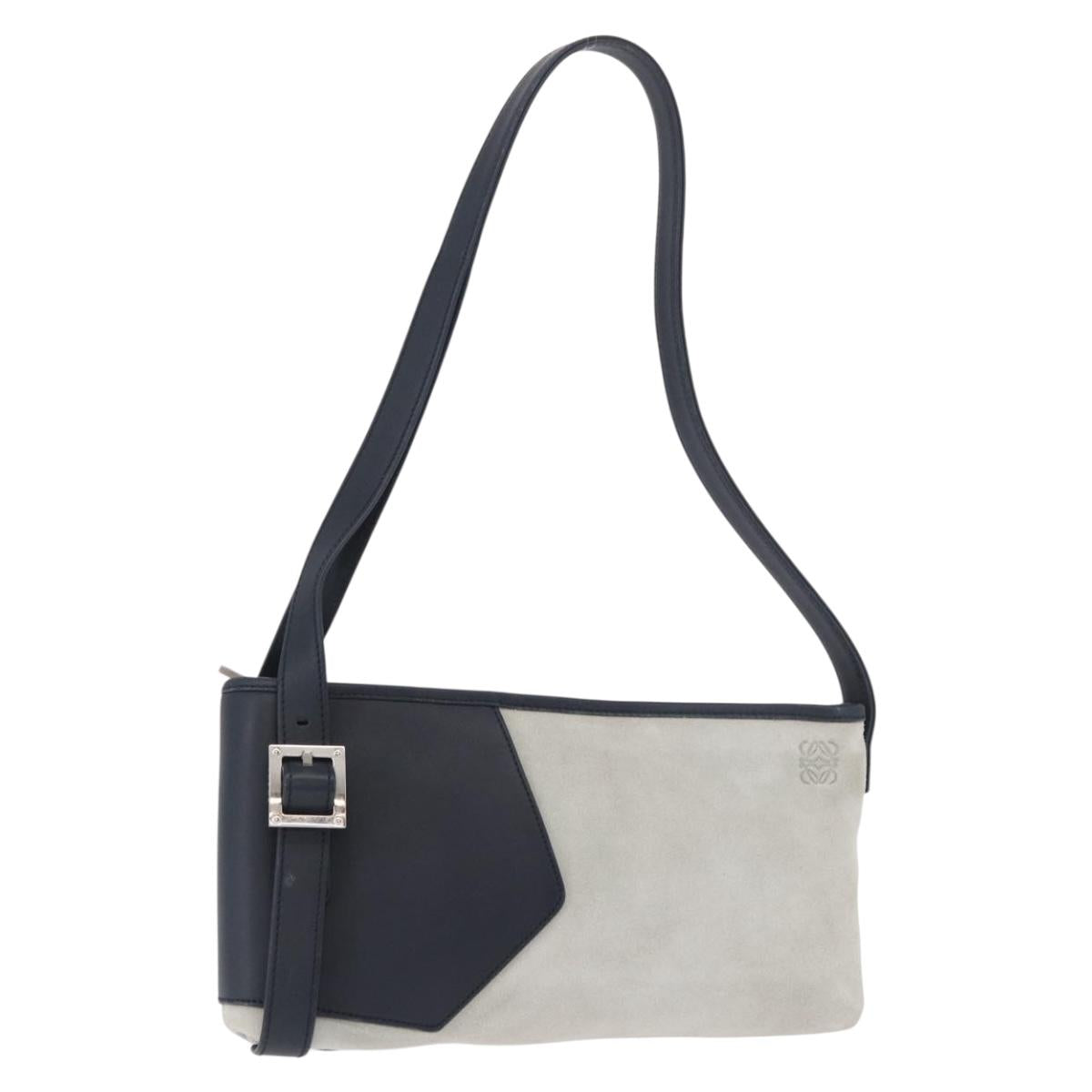 LOEWE Anagram Shoulder Bag Suede Leather Gray Silver Auth 187727A