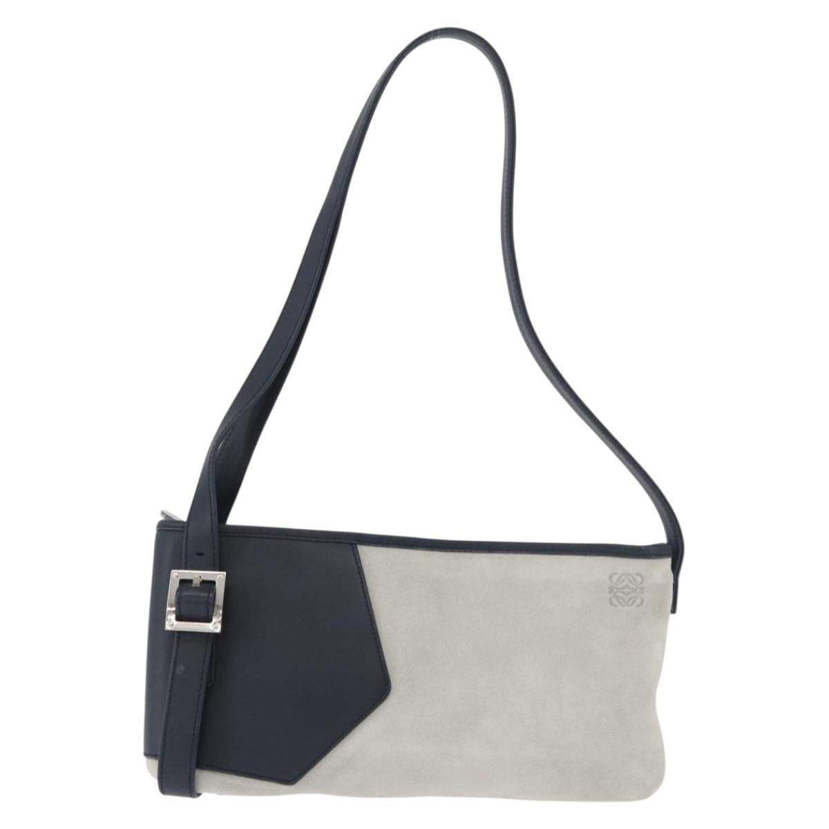 LOEWE Anagram Shoulder Bag Suede Leather Gray Silver Auth 187727A
