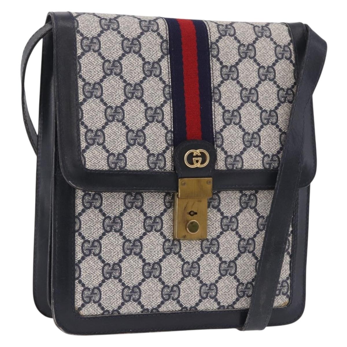 GUCCI GG Supreme Sherry Line Shoulder Bag PVC Navy Gold Auth 187772