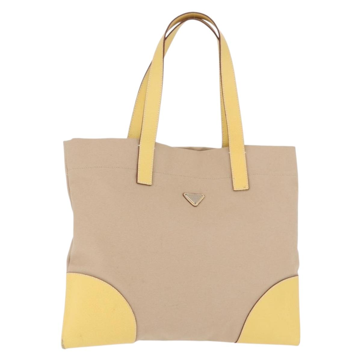 PRADA Tote Bag Canvas Beige Silver Auth 187781A