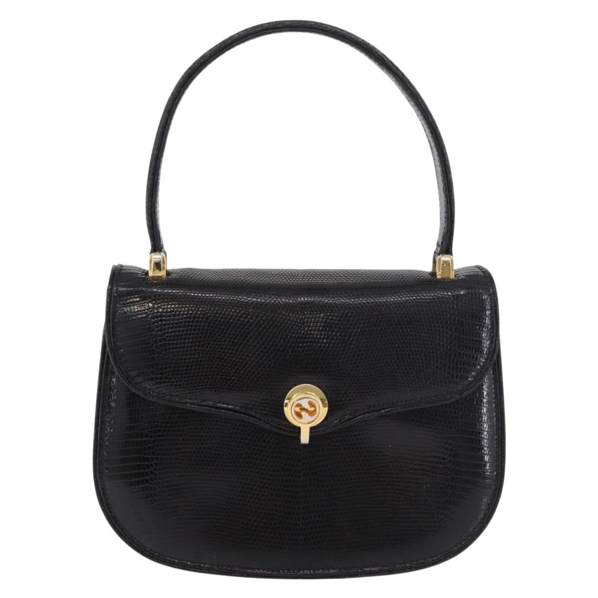 GUCCI Hand Bag Leather Embossed Black Gold Auth 187786A