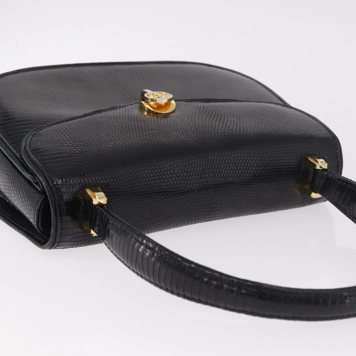 GUCCI Hand Bag Leather Embossed Black Gold Auth 187786A