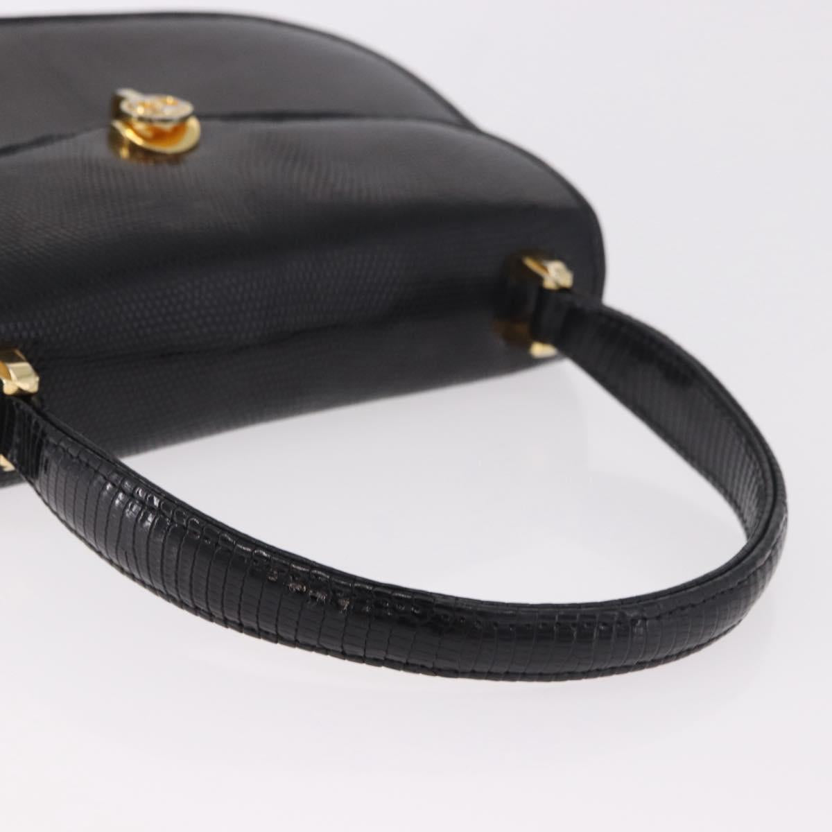 GUCCI Hand Bag Leather Embossed Black Gold Auth 187786A