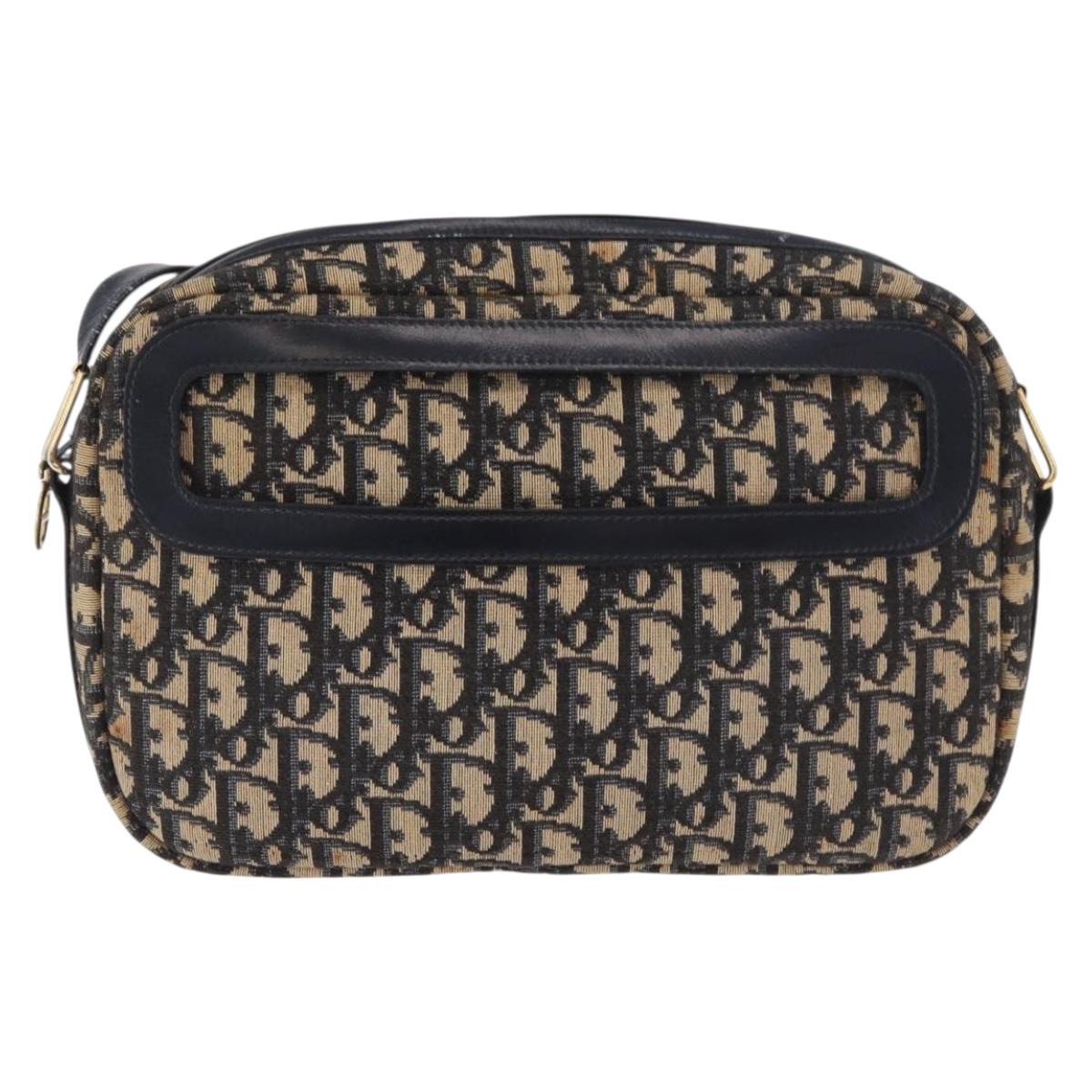 Christian Dior Trotter Canvas Shoulder Bag Navy Gold Auth 187791