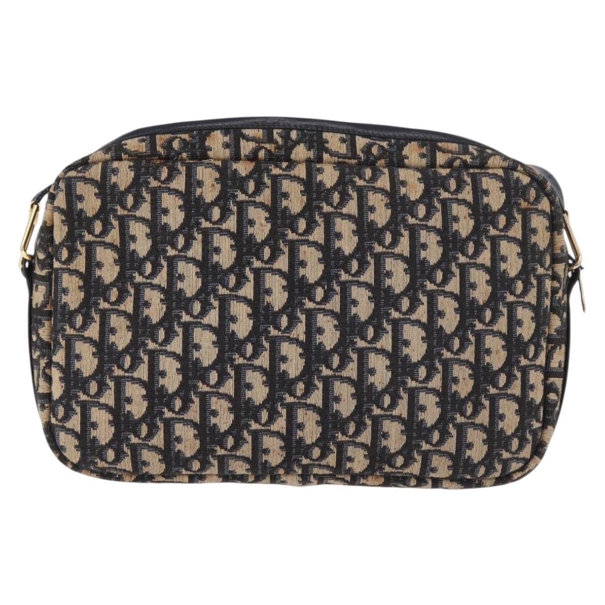 Christian Dior Trotter Canvas Shoulder Bag Navy Gold Auth 187791
