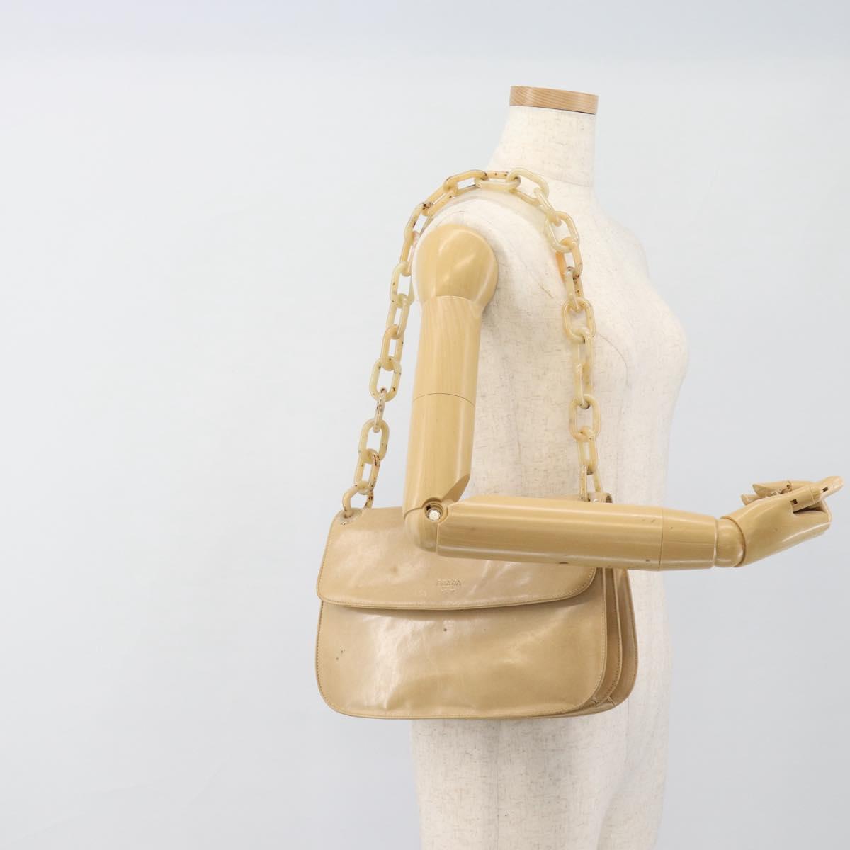 PRADA Chain Shoulder Bag Leather Beige Silver Auth 187798A