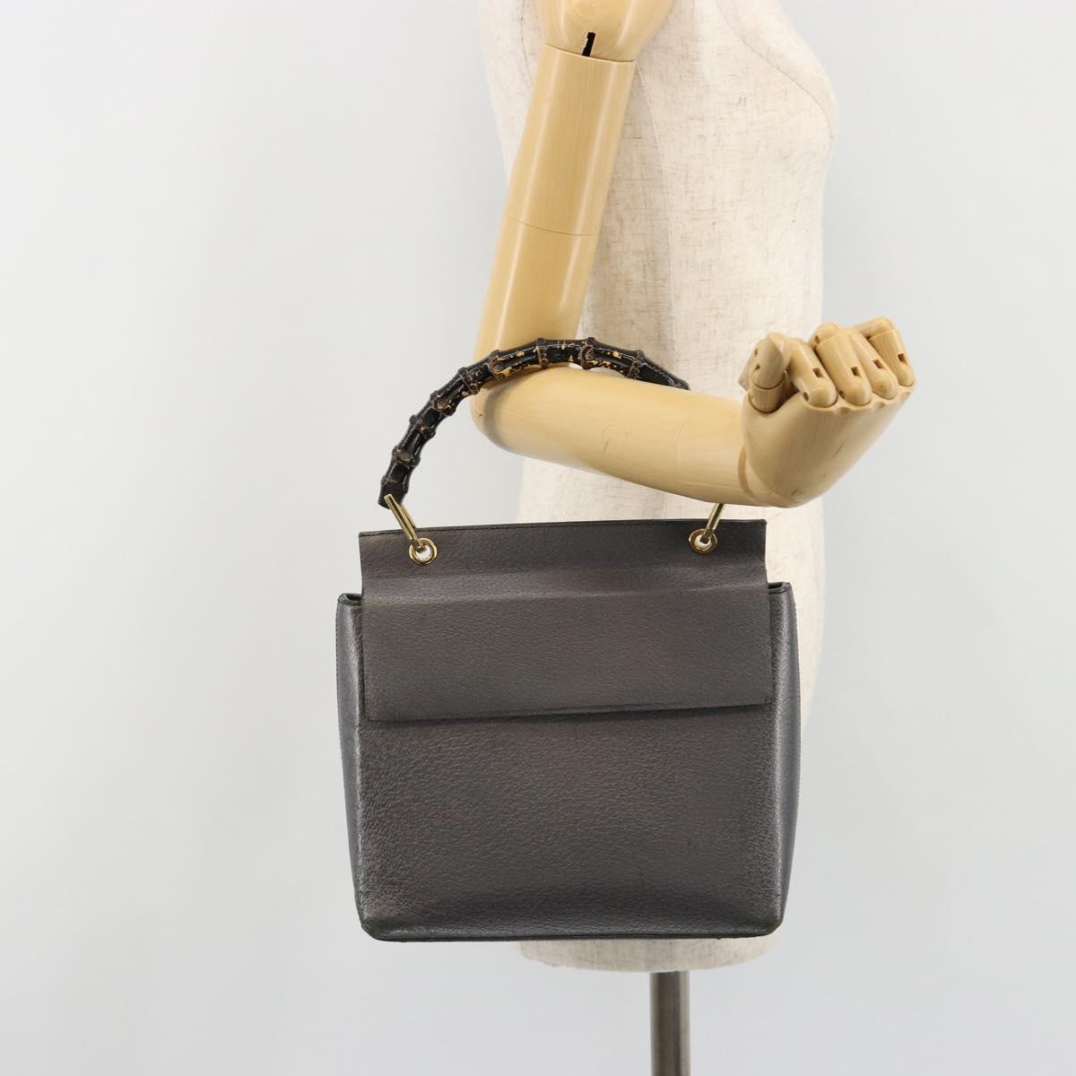 GUCCI Bamboo Hand Bag Leather Black Gold 001 3444 1887 Auth 187814