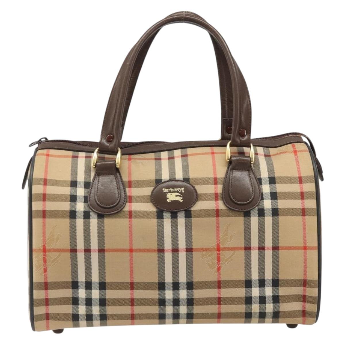 Burberrys Nova Check Hand Bag Canvas Beige Gold Auth 187815