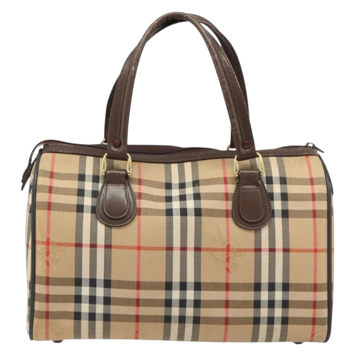 Burberrys Nova Check Hand Bag Canvas Beige Gold Auth 187815
