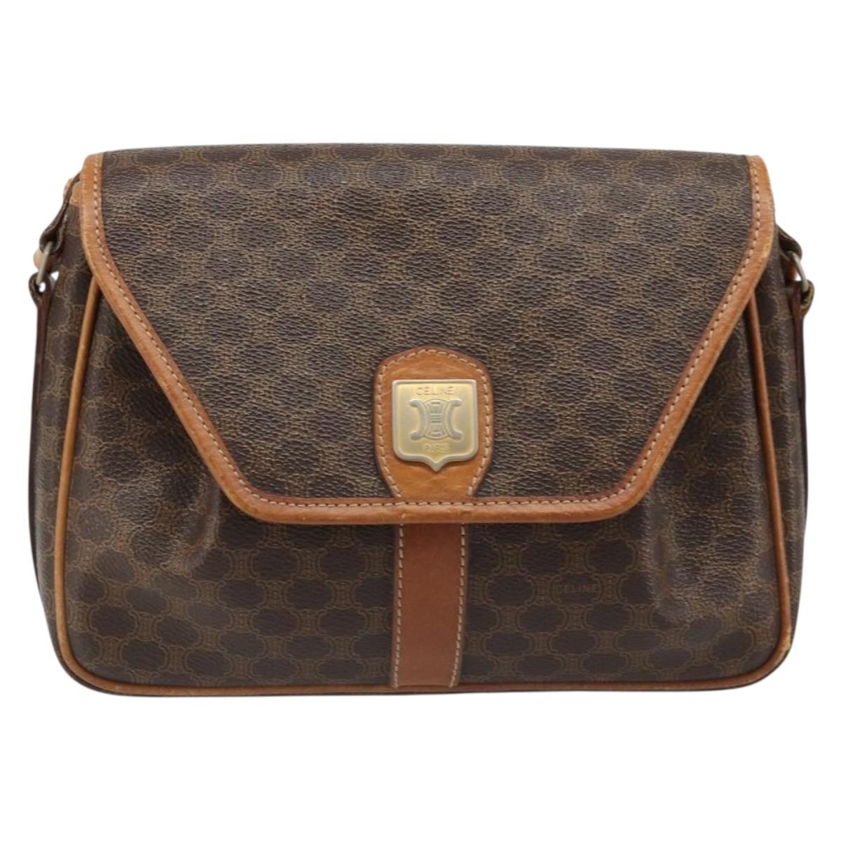 CELINE Macadam Canvas Shoulder Bag PVC Leather Brown Gold Auth 187817