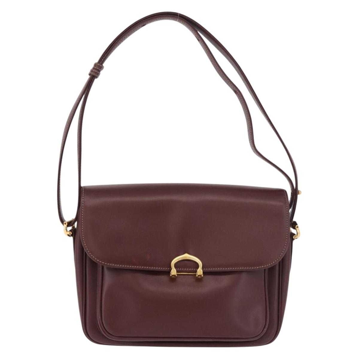 CARTIER Shoulder Bag Leather Bordeaux Gold Auth 187826