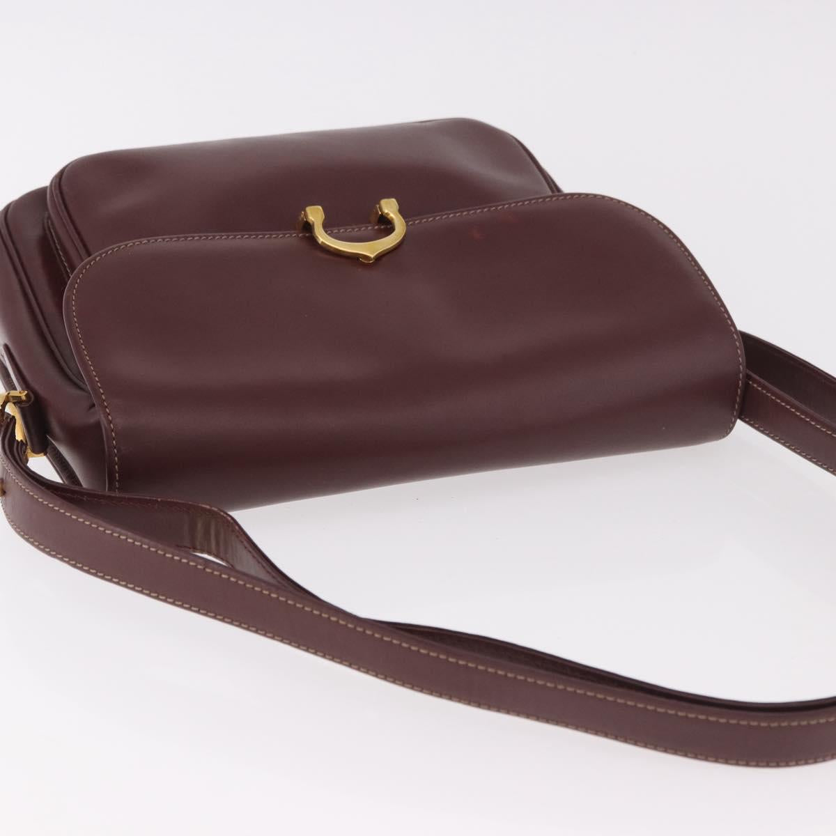CARTIER Shoulder Bag Leather Bordeaux Gold Auth 187826