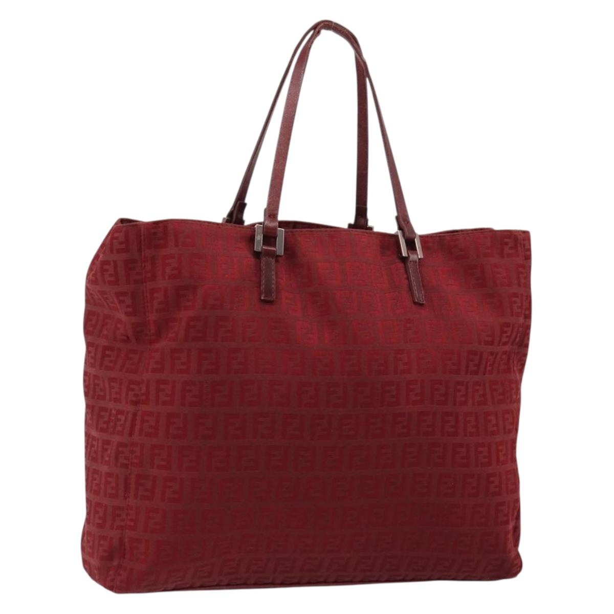 FENDI Zucchino Canvas Tote Bag Red Gold Auth 187865