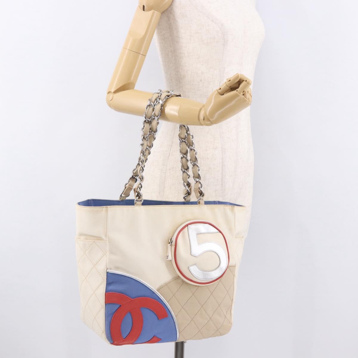 CHANEL No. 5 Wild Stitch Chain Tote Bag Canvas Ivory Silver CC Auth 187876A