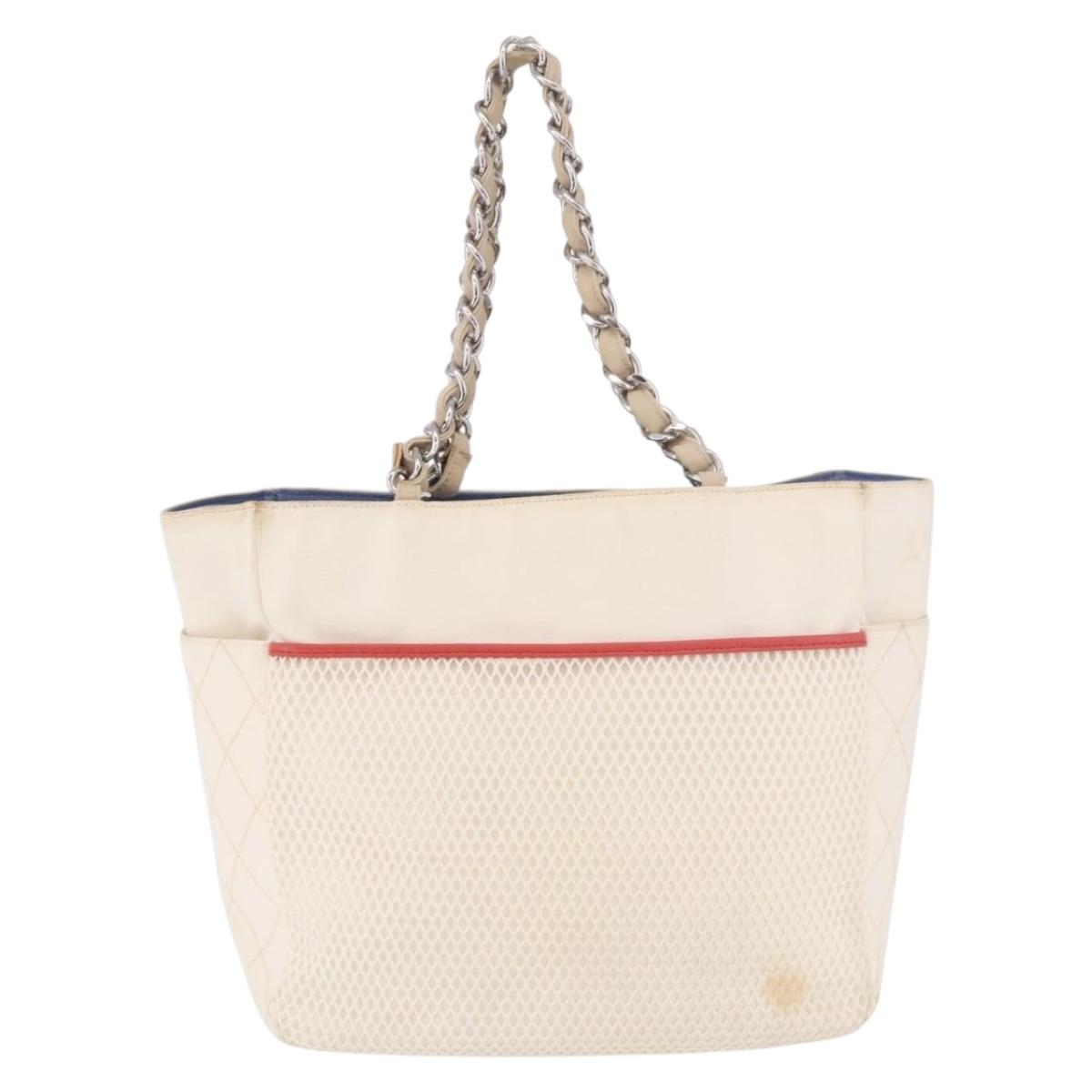 CHANEL No. 5 Wild Stitch Chain Tote Bag Canvas Ivory Silver CC Auth 187876A