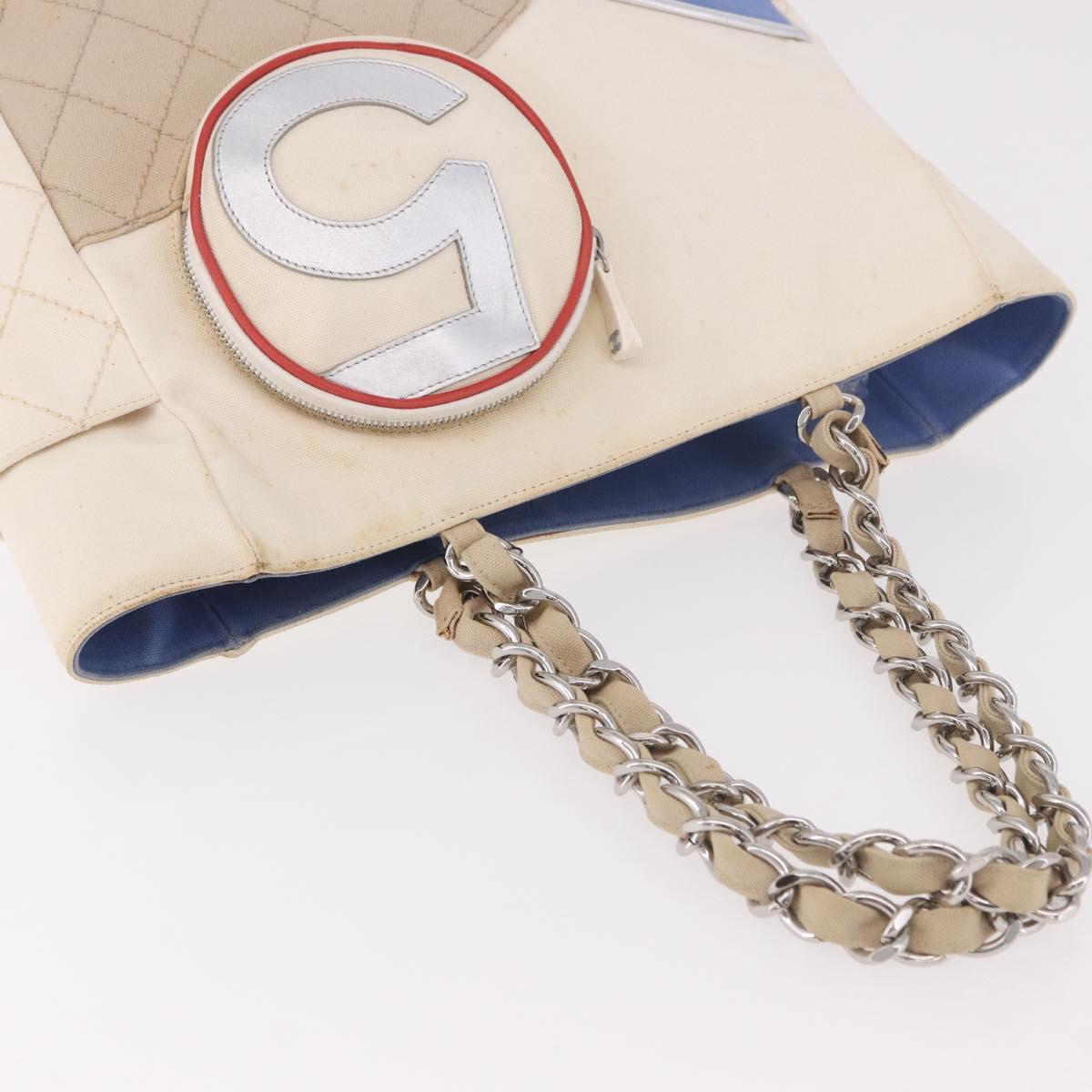 CHANEL No. 5 Wild Stitch Chain Tote Bag Canvas Ivory Silver CC Auth 187876A